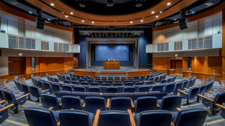 Modern Auditorium With Blue Seats and Wooden Stage Setup, Daytimeの素材