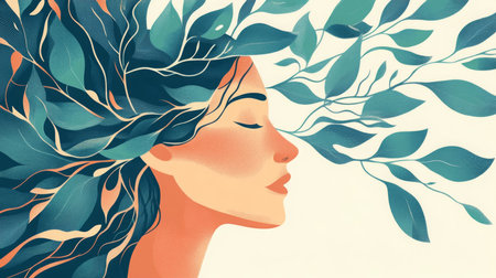 A woman with closed eyes inhales deeply, surrounded by leaves and branchesの素材