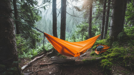 Orange Hammock Hanging in Forestの素材