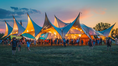 Large Group of People Standing Around a Tentの素材