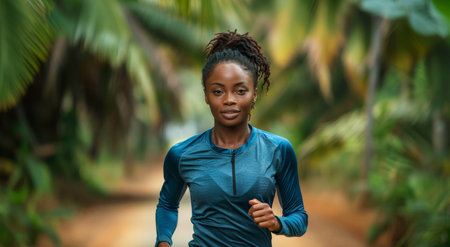 Woman Running Down Dirt Road in Forestの素材