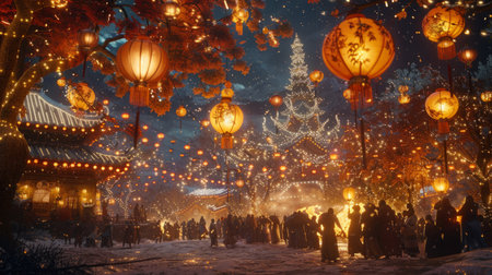 Group of People Standing Around Christmas Treeの素材