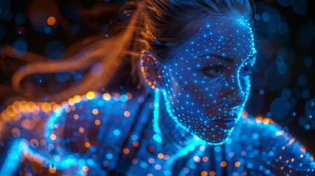 Woman With Blue Lights on Her Faceの素材