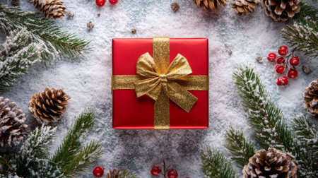 A red gift box with a gold ribbon nestled among winter greenery and pineconesの素材