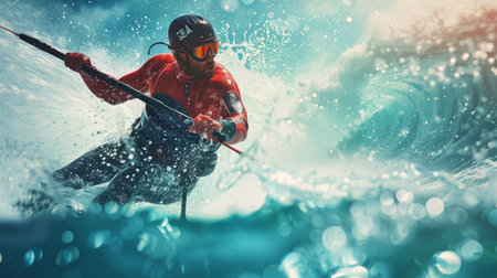 Man in Red Shirt Skiing in Waterの素材