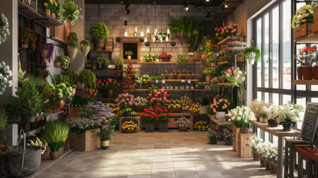 Bright Floral Shop Interior With Sunlit Window Display in Afternoonの素材