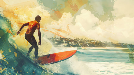 Man Riding Surfboard on Top of Waveの素材