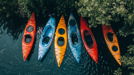 Three Kayaks Aligned in a Rowの素材