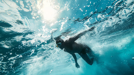 Man Swimming in Ocean Underwaterの素材
