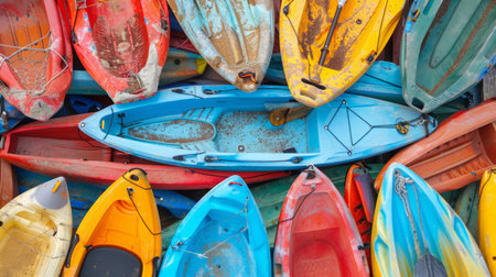 Colorful Kayaks Stacked Together For Hobbyの素材