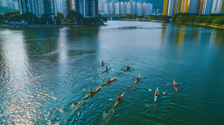 Group of People Riding Paddle Boats on a Lakeの素材