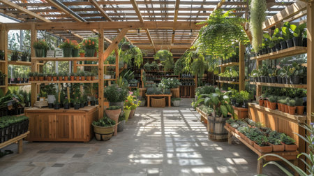 Sunny Afternoon at a Cozy, Wooden Greenhouse Filled With Various Potted Plantsの素材