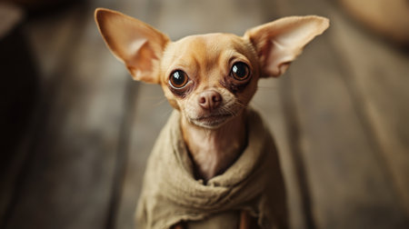 Small brown Chihuahua wearing a scarf poses in a rustic setting with wooden flooringの素材