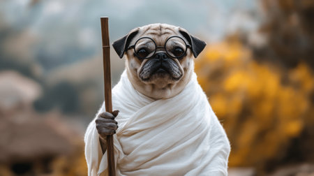 Pug dressed in white robe and glasses holding walking stick in a tranquil outdoor settingの素材