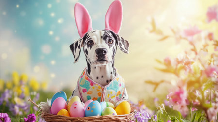 A playful dog with bunny ears sitting in flower garden surrounded by colorful Easter eggsの素材