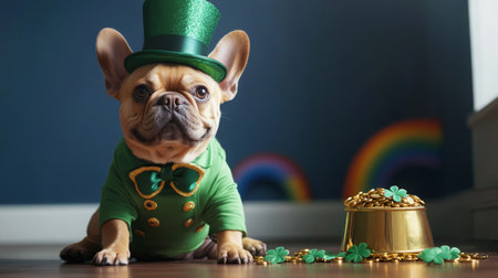 A French bulldog dressed in green sits in front of a pot of goldの素材