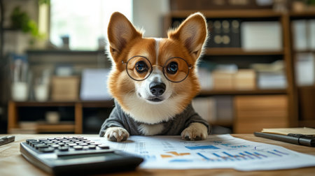A corgi wearing glasses sits at a desk with a calculator and papers during a workdayの素材