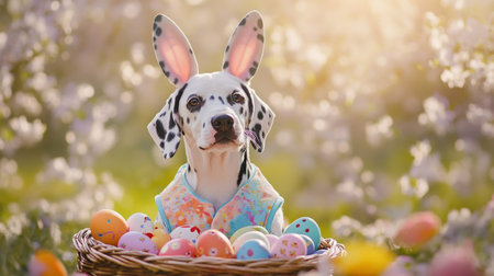 A Dalmatian wearing bunny ears sits in a basket of Easter eggsの素材