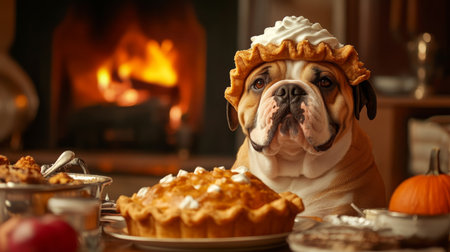 A bulldog wearing a pie hat sits at table with desserts beside a cozy fireplace in autumnの素材