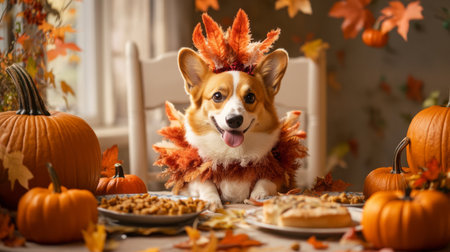 Corgi dressed in autumn leaves costume at festive table with pumpkins and seasonal treatsの素材