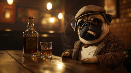 A pug dressed in a suit enjoying a drink at a cozy pub during the evening hoursの素材