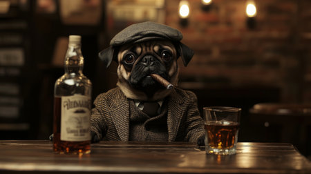 A stylish pug enjoys a drink and cigar in a cozy bar setting during the evening hoursの素材