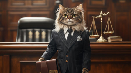 A cat dressed as a lawyer stands in a courtroomの素材