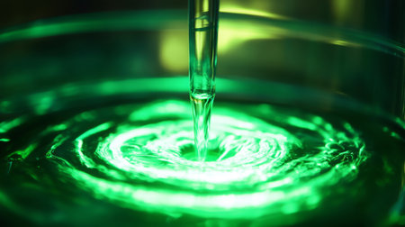 A drop of liquid is falling into a green solution, creating ripplesの素材