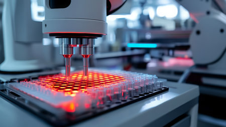 A robotic arm dispenses liquid into a grid of vials in a laboratoryの素材