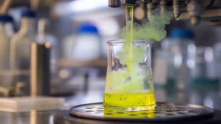Bright green liquid being mixed in a laboratory beaker under precise scientific equipmentの素材