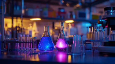 Two beakers filled with blue and purple liquid sit on a lab table at nightの素材