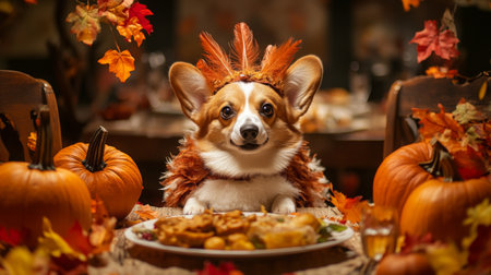 A dog dressed in a turkey costume sits at a table with pumpkins and foodの素材