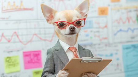 A chihuahua in a suit and glasses looks seriously at a clipboard in front of a whiteboardの素材