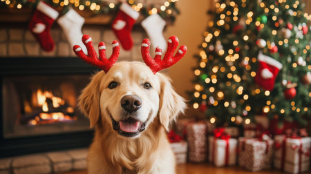 A golden retriever wearing reindeer antlers sits in front of fireplace and Christmas treeの素材