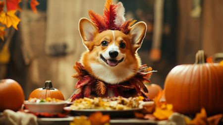 A corgi wearing festive headdress sits at Thanksgiving table with pumpkins and fall leavesの素材