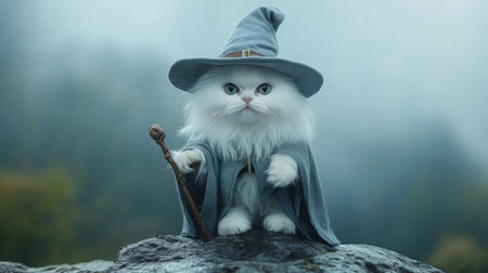 A fluffy white cat dressed as a wizard stands on a rock in a misty forest during twilightの素材