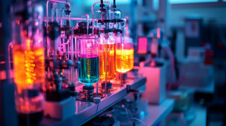 Colorful laboratory glassware showcasing chemical reactions in a modern research facilityの素材