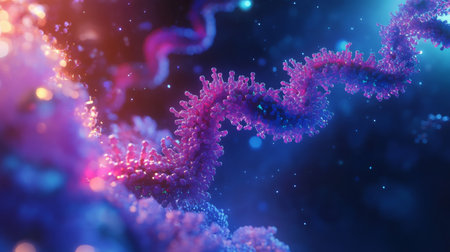 Colorful representation of DNA structure illuminated by light in scientific visualizationの素材