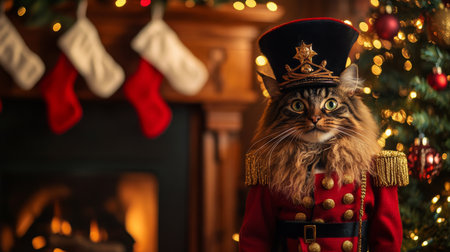 Cat in a festive military costume poses proudly by a decorated Christmas tree indoorsの素材
