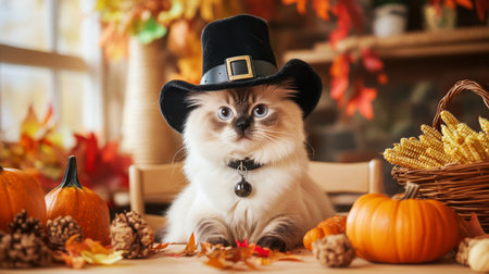 A playful feline wearing a pilgrim hat surrounded by autumn decorations and pumpkinsの素材
