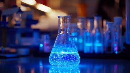 Experiment in a laboratory with glowing blue liquid in flask and various test tubes nearbyの素材