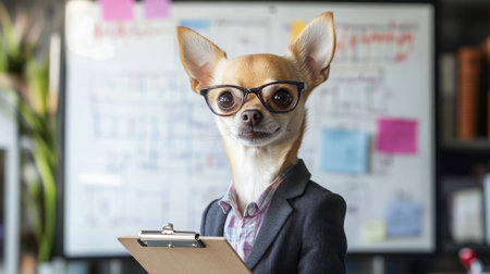 A well-dressed Chihuahua in glasses holding a clipboard in a modern office environmentの素材