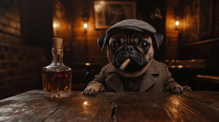 A stylish pug in a vintage suit sits at a wooden table enjoying a drink in bar settingの素材