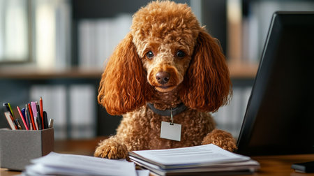 A poodle sits at a desk surrounded by paperwork in a cozy home office in the afternoonの素材