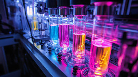Colorful laboratory glassware with vibrant liquids during an experiment at nightの素材