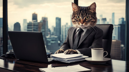 A cat in a suit working at a desk with a city skyline backdrop during daytime hoursの素材
