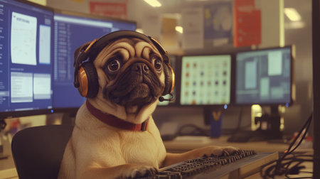 A pug in headphones at a desk with multiple screens in a busy officeの素材