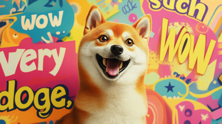 A Shiba Inu smiles in front of a colorful background with wow and very doge written on itの素材