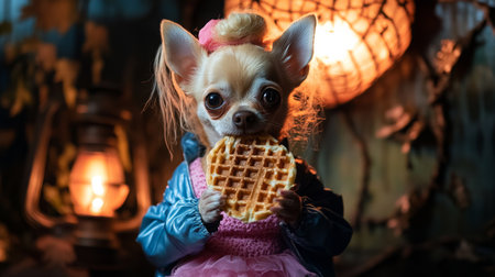 A small dog wears a pink dress and holds a waffle in a cozy, softly lit setting at nightの素材