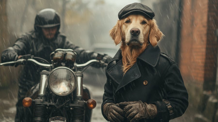 A golden retriever wearing a cap and a coat stands next to a motorcycle on a rainy dayの素材
